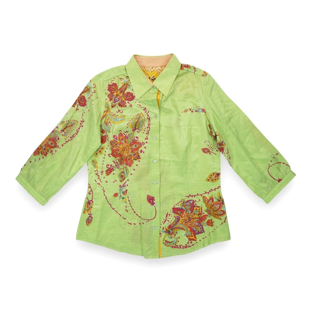 Robert Graham Floral Print Shirt Women's Large Silk 3/4 Sleeve Green